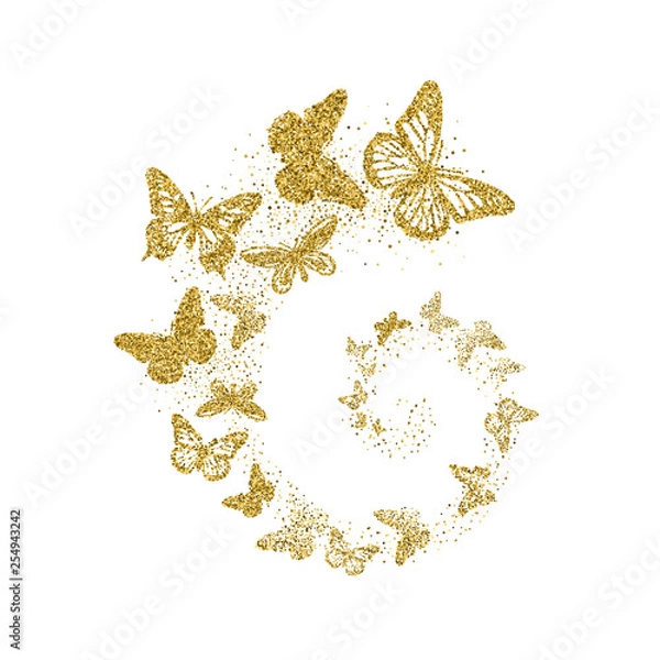 Obraz Golden glitter butterflies fly in spiral on white background. Beautiful gold silhouettes with different shapes wings. For invitation, fashion, decorative abstract design elements. Vector illustration