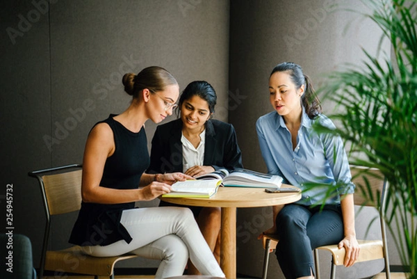 Obraz A young Asian Indian woman has a casual business meeting in a meeting room with her team. They sit and use a notebook as their reference for their discussion.