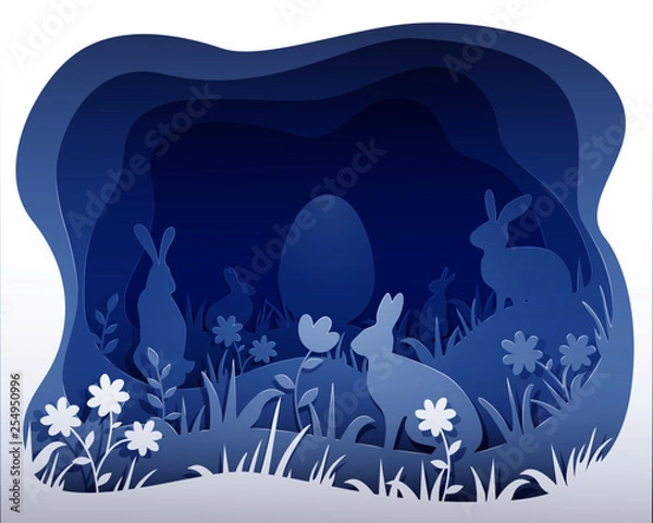 Fototapeta Easter monochrome illustration in blue color. Imitation of paper art and 3D volume.