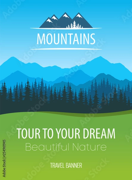 Obraz Mountains Nature, vector Travel Poster - Design of scenic colorful nature of Alps with copy area at header with logo and bottom of Placard layout with caption and descriptions.
