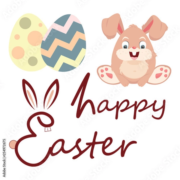 Obraz Easter concept. Easter bunny with eggs and the inscription Happy Easter. Funny rabbit in the form of an egg. Vector illustration.