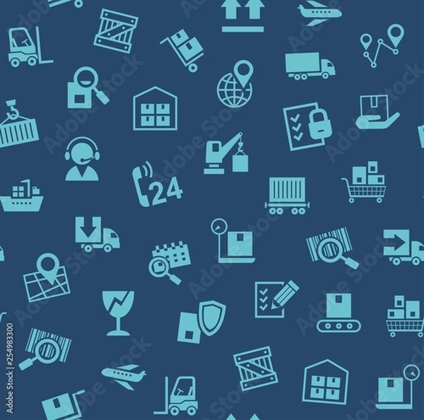 Fototapeta Cargo delivery, seamless pattern, dark blue, color, vector. Cargo transportation and delivery of goods. Blue icons on a dark blue background. Vector flat seamless pattern. 