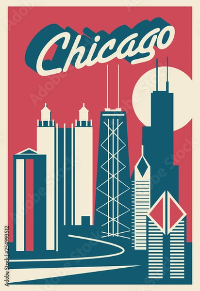 Fototapeta Pocztówka z panoramą Chicago w stanie Illinois