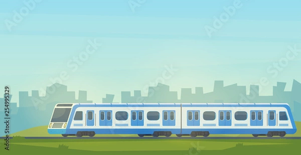 Fototapeta Passanger modern electric high-speed train with city landscape. Railway transport. Travel by train.