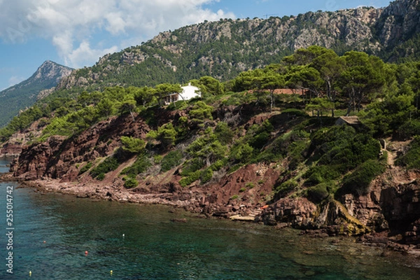 Fototapeta a hill by the sea with a sloping coast on a rocky coastline; green shrubs along the shore of the sea