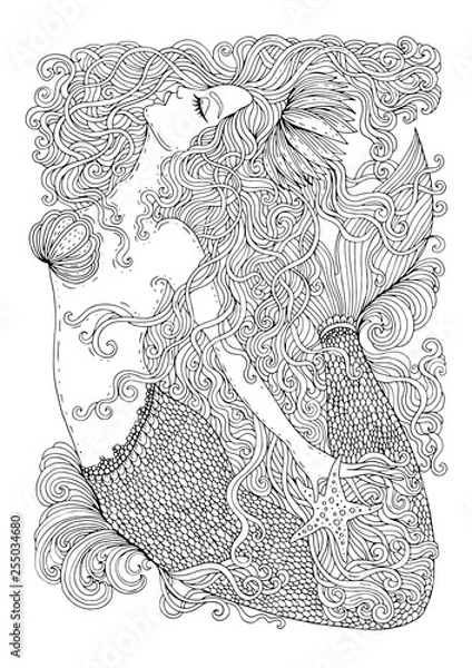Fototapeta Vector drawing fantastic sea mermaid with long wavy hair. Ornamental decorated graphic illustration of a mermaid tattoo. Coloring  page sea nymph. For print t-shirts. Fairy tale mythical characters.