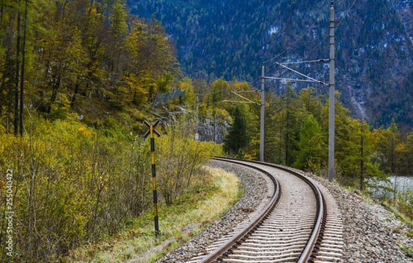 Fototapeta Empty railway tracks in Hallstatt, Austria