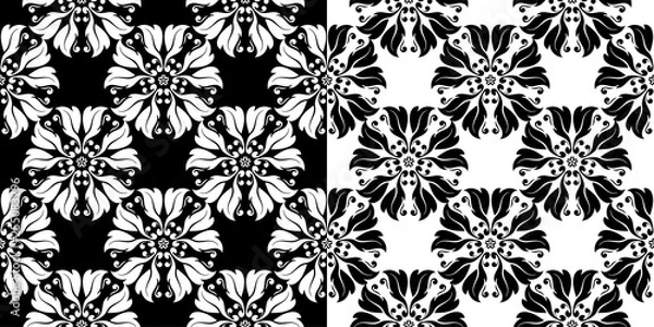Fototapeta Compilation of black and white floral patterns. Set of seamless backgrounds