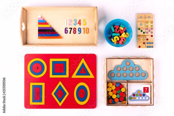 Fototapeta Montessori wood material for the learning mathematics of children at school, preschool,kindergarten. Educational concept. Flat lay.