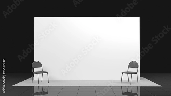 Fototapeta Billet press wall with blank banner 3x5 meters and chairs. Mobile trade show booth white and blank. 3d render isolated on white background. High Resolution