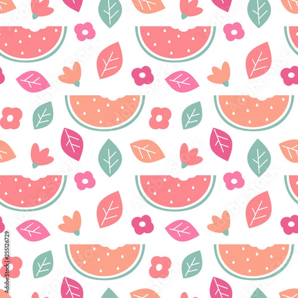 Fototapeta cute colorful seamless vector pattern background illustration with watermelon slice, leaves and flowers