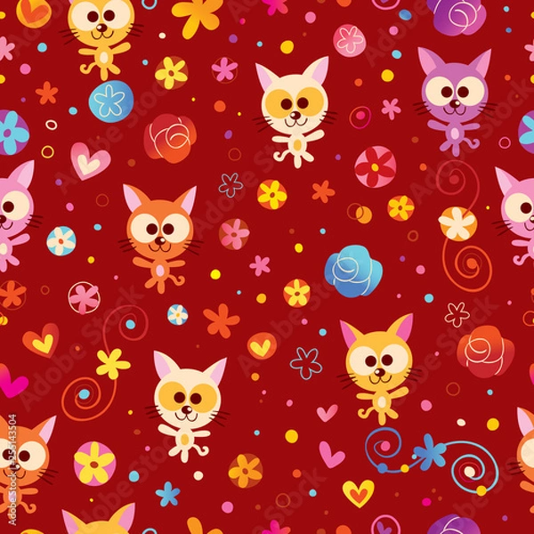 Fototapeta kittens hearts and flowers seamless pattern