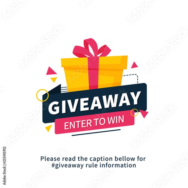 Fototapeta Giveaway enter to win poster template design for social media post or website banner. Gift box vector illustration with modern typography text style.