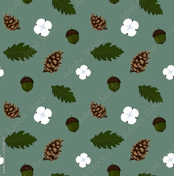 Fototapeta Seamless sammer pattern with acorns and fir cones.
