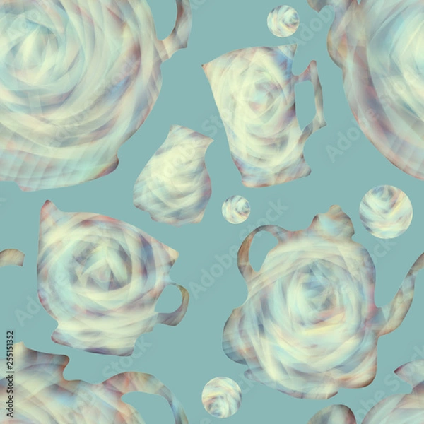 Fototapeta Seamless pattern with colorful cups and teapots. Tea ceremony. Teapots and cups for posters. Background and concept for kitchen and restaurants. Wallpaper or design for fabric.  