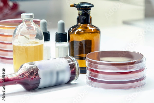 Fototapeta Hemoculture bottle positive; prepare subculture on selective media, Microbiology test in Laboratory