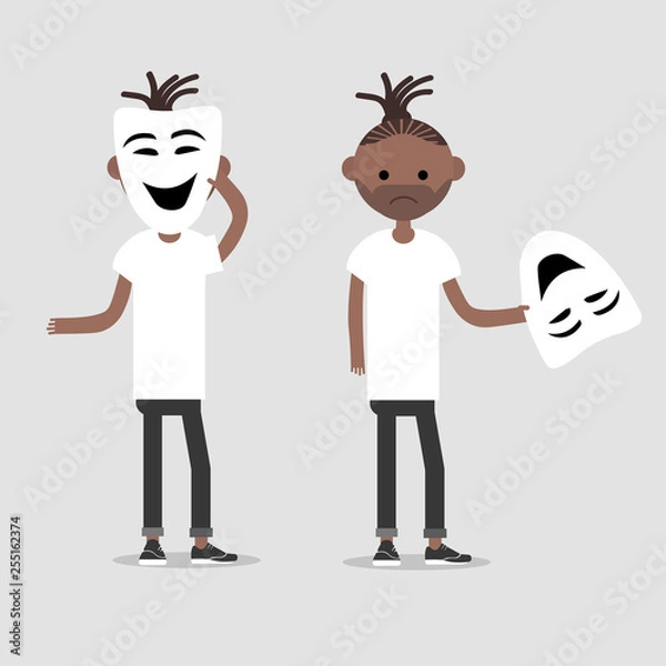 Fototapeta Young chacter in two variations holds happy mask.Hypocrisy,Flat cartoon design.Clip art