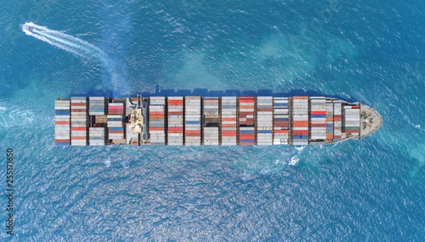 Obraz Aerial top view container ship on the sea full loadcontainer for logistics, import export, shipping or transportation.