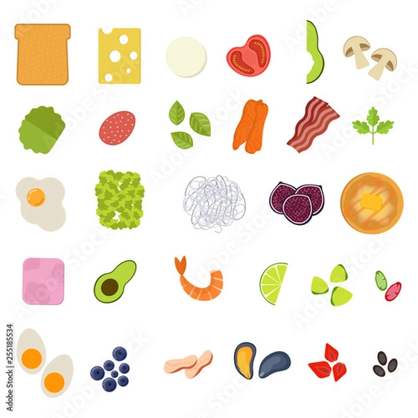Fototapeta Set of food icons in flat style. Meal icon. Vector illustration