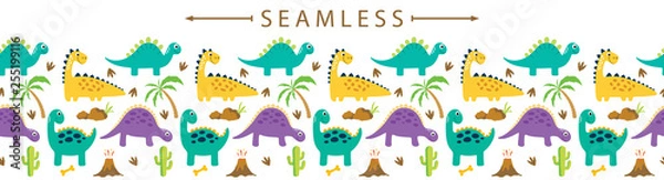 Fototapeta Cute dino vector horizontal seamless border