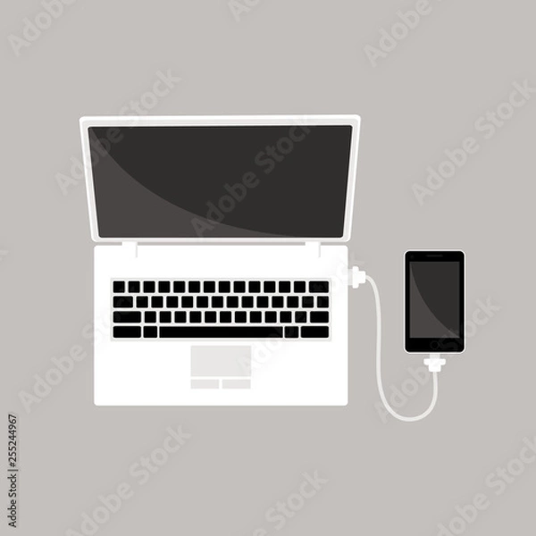 Fototapeta Mobile smartphone plugged and charging from laptop usb port. Vector illustration laptop and phone in flat style