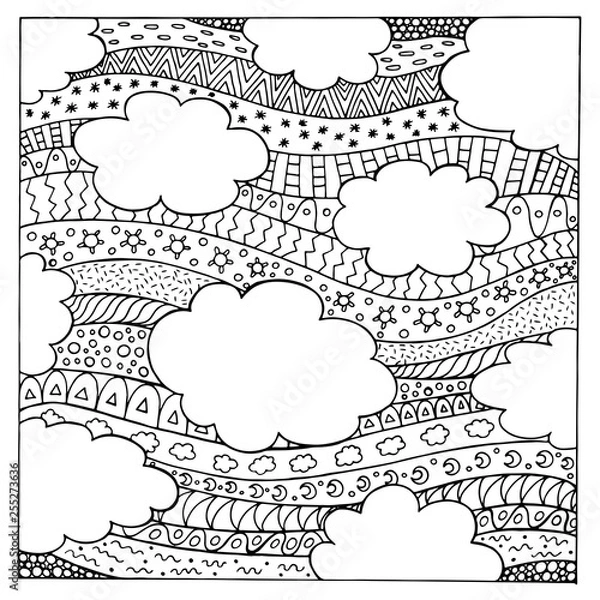 Obraz Doodle summer sky with ornaments. Hand drawn coloring page for adults. Vector illustration