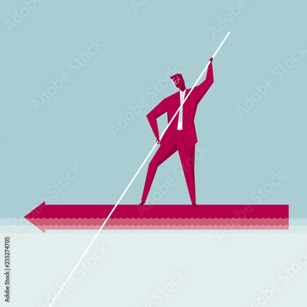 Obraz Businessman rowing. The ship is an arrow symbol. Isolated on blue background.