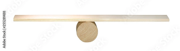 Obraz Balance concept, board on wooden top hat like balance isolated on white background, balancing on seesaw in uncertainty concept