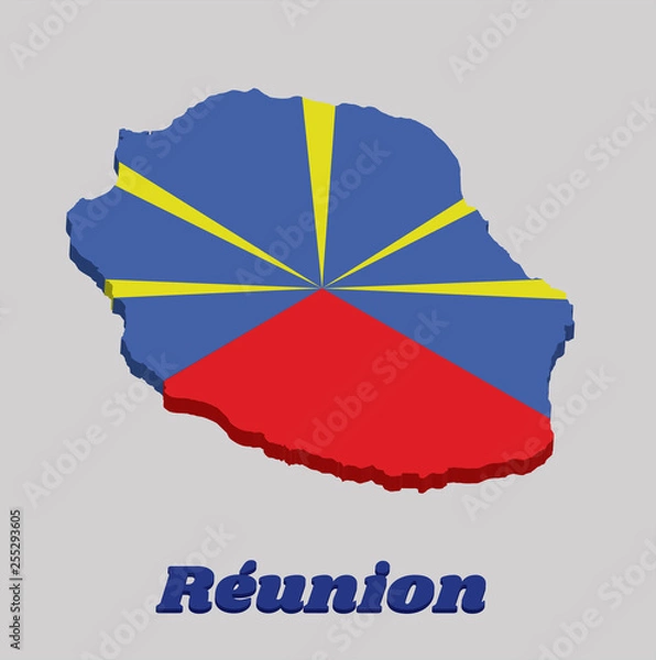 Fototapeta 3d Map outline and flag of reunion, red blue and yellow color.