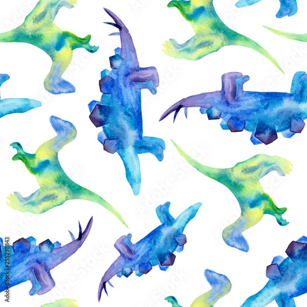 Fototapeta  watercolor pattern with dinosaurs lizards