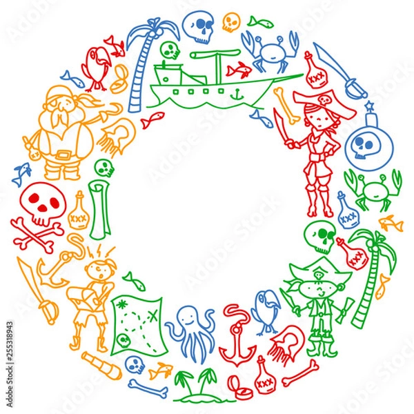 Fototapeta Vector set of pirates children's drawings icons in doodle style. Painted, colorful, pictures on a piece of paper on white background.