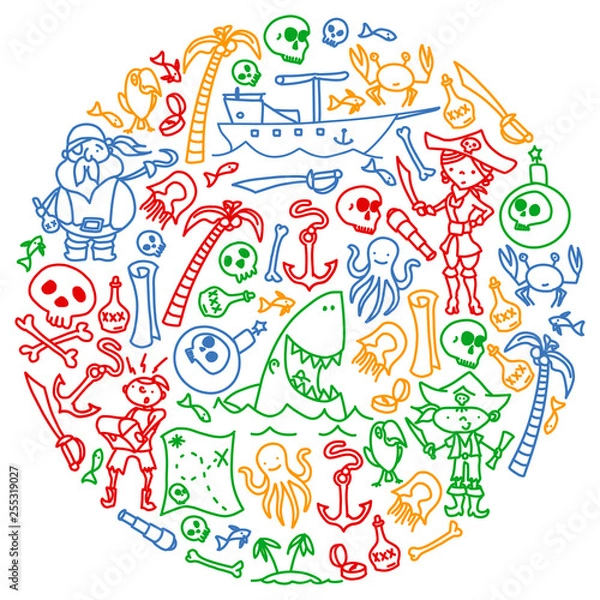 Fototapeta Vector set of pirates children's drawings icons in doodle style. Painted, colorful, pictures on a piece of paper on white background.