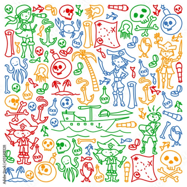 Fototapeta Vector set of pirates children's drawings icons in doodle style. Painted, colorful, pictures on a piece of paper on white background.