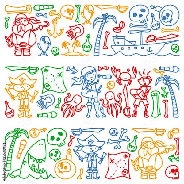 Fototapeta Vector set of pirates children's drawings icons in doodle style. Painted, colorful, pictures on a piece of paper on white background.