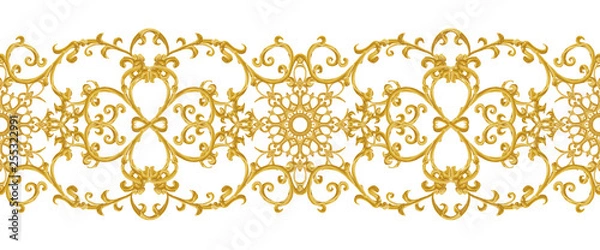 Fototapeta Seamless pattern. Golden textured curls. Oriental style arabesques. Brilliant lace, stylized flowers. Openwork weaving delicate, golden background.