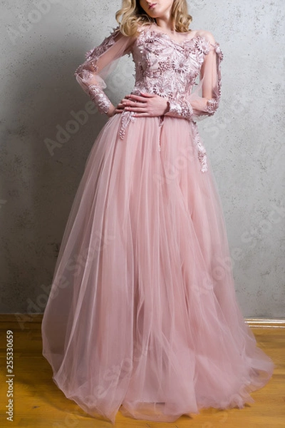 Fototapeta A girl in a long pink tulle dress with embroidery in the shape of flowers isolated on a gray background.