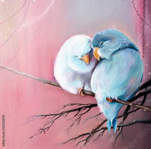 Obraz Original oil painting on canvas of two parrot lovebird is sitting on branch close each other