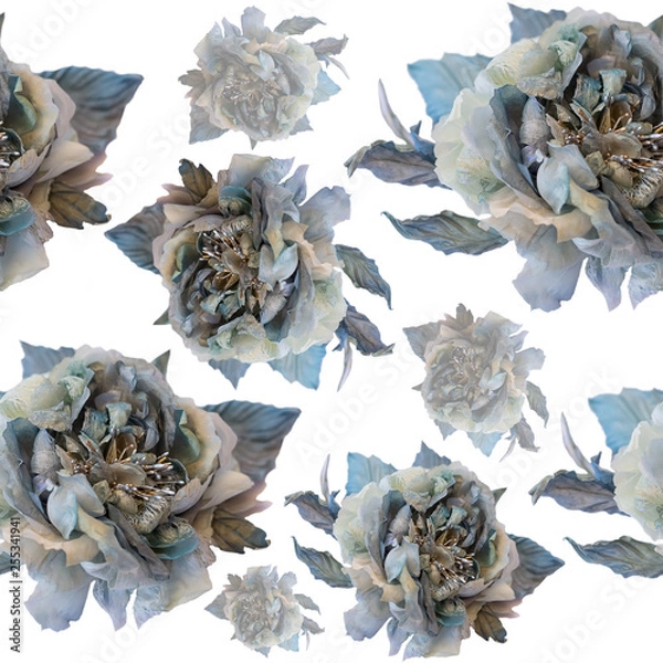Fototapeta Seamless floral pattern with silk gray and blue rose. Renaissance print for textile. Flowers  pattern on a white background. Backdrop with flowers of roses.  Soft focus.