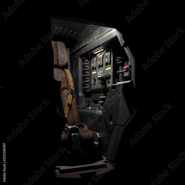 Fototapeta Science fiction pilot's seat in the cockpit. Futuristic spaceship cockpit. Old brown leather pilot seat with yellow safety belts. Sci-fi space fighter craft cockpit. Mech Pilot's seat. 3d rendering.