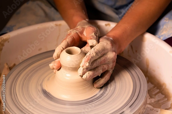 Fototapeta Professional potter making bowl in pottery workshop, studio.