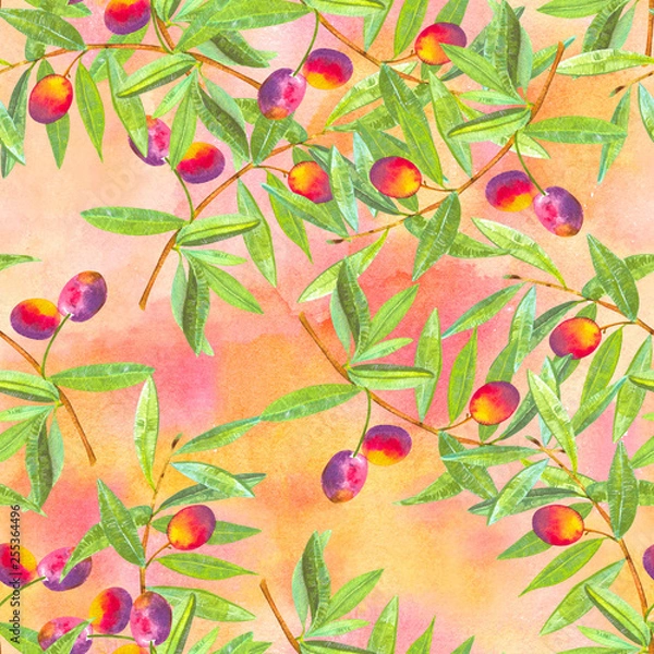 Obraz A seamless watercolor pattern of vibrant olive tree branches with olives, a vegan repeat print on an abstract background