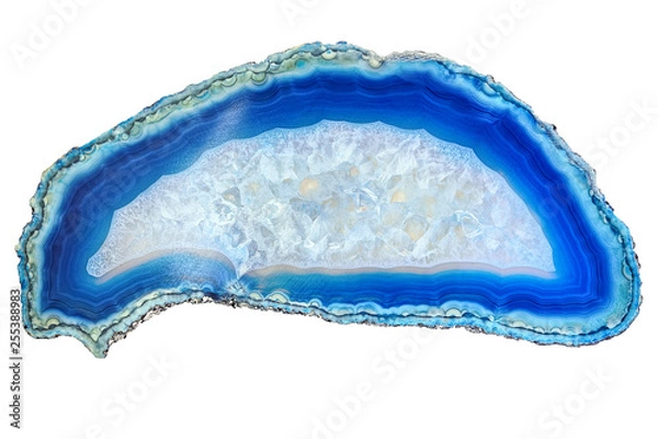 Fototapeta Amazing white blue Agate Crystal cross section isolated on white background. Natural translucent agate crystal surface, Blue abstract structure slice mineral stone macro closeup