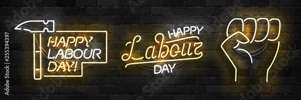 Fototapeta Vector set of realistic isolated neon sign of Happy Labour Day logo for template decoration and layout covering on the wall background.