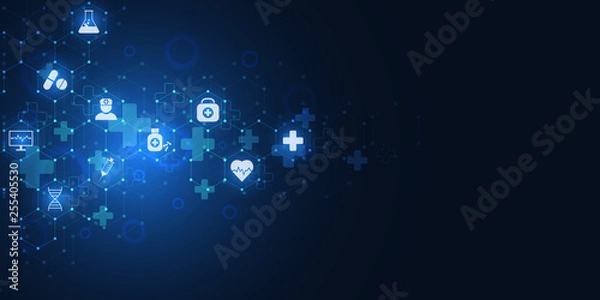 Fototapeta Abstract medical background with flat icons and symbols. Concepts and ideas for healthcare technology, innovation medicine, health, science and research.