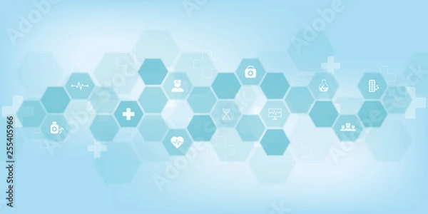 Fototapeta Abstract medical background with flat icons and symbols. Concepts and ideas for healthcare technology, innovation medicine, health, science and research.