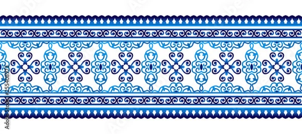 Fototapeta Ceramic tile border pattern. Islamic, indian, arabic motifs. Damask border seamless pattern. Porcelain ethnic bohemian background.