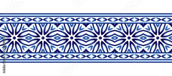 Fototapeta Ceramic tile border pattern. Islamic, indian, arabic motifs. Damask border seamless pattern. Porcelain ethnic bohemian background.