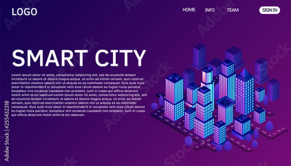 Fototapeta Smart city or intelligent building isometric vector concept. Website landing page template. Abstract 3d isometric landing page in violet and dark blue colors