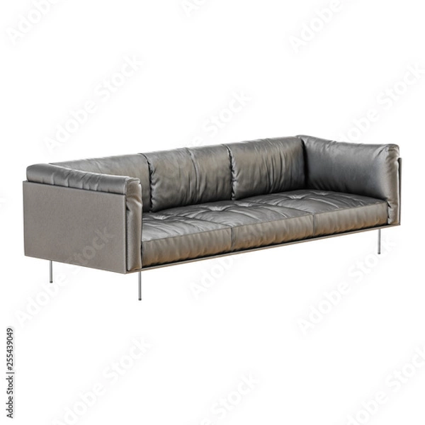 Fototapeta Leather soft black sofa with folds on a white background 3d