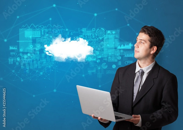 Fototapeta Young smiling person presenting cloud technology concept
